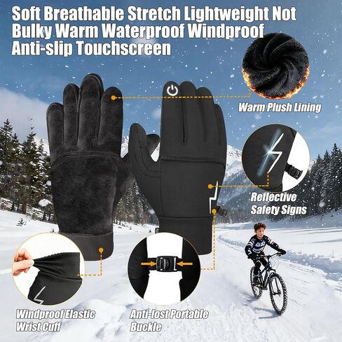 Kids Winter Bike Gloves Warm Water Resistant Anti Slip for Boys Youth 3-15 Years Cycling with Reflective Strip Black in Saudi Arabia