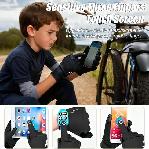 Kids Winter Bike Gloves Warm Water Resistant Anti Slip for Boys Youth 3-15 Years Cycling with Reflective Strip Black in Saudi Arabia
