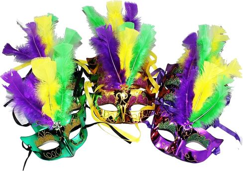 JOYIN 12 Pcs Mardi Gras Feather Masks, Carnival Masquerade Masks Bulk, Mardi Gras Costume Dress Up Accessories for Women, Men Outfit in Saudi Arabia