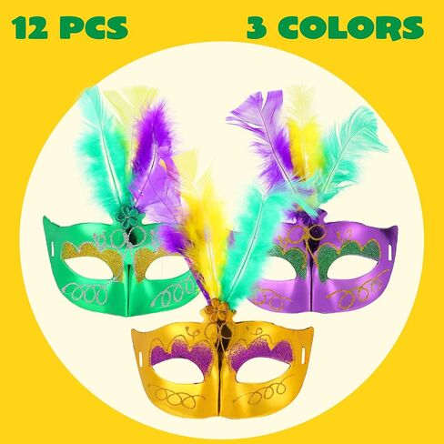 JOYIN 12 Pcs Mardi Gras Feather Masks, Carnival Masquerade Masks Bulk, Mardi Gras Costume Dress Up Accessories for Women, Men Outfit in Saudi Arabia