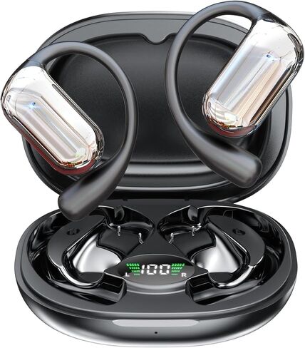 Open Ear Bluetooth 5.4 Headphones, Wireless Earbuds Sport Over Earphones Built-in Mic with Ear Hooks 50H Playtime Ear Buds LED Display Charging Case, Waterproof Design for Running Fitness, Black in Saudi Arabia