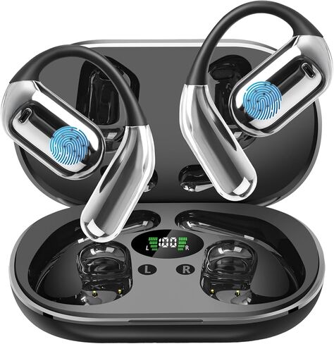 Open Ear Bluetooth 5.4 Headphones, Wireless Earbuds Sport Over Earphones Built-in Mic with Ear Hooks 50H Playtime Ear Buds LED Display Charging Case, Waterproof Design for Running Fitness, Black in Saudi Arabia