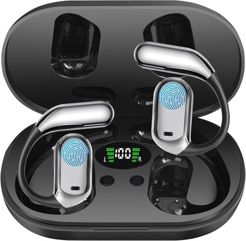 Open Ear Bluetooth 5.4 سماعات الرأس ، سماعات الأذن اللاسلكية الرياضية على سماعات الأذن المدمجة في الميكروفون مع خطافات الأذن 50H Playtime Ear Buds Case Display Case ، تصميم مقاوم للماء لتشغيل اللياقة البدنية ، الأسود in Kuwait