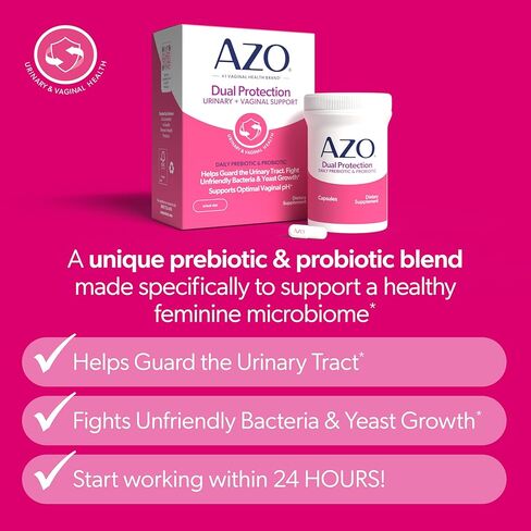 AZO Dual Protection, Urinary + Vaginal Support, Prebiotics and Probiotics for Women*, Starts Working Within 24 Hours, Non-GMO, 30 Count in Kuwait
