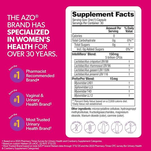 AZO Dual Protection, Urinary + Vaginal Support, Prebiotics and Probiotics for Women*, Starts Working Within 24 Hours, Non-GMO, 30 Count in Kuwait