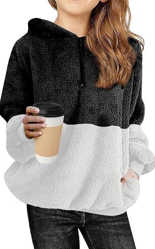 Girls Fuzzy Fleece Pullover Hoodies Sherpa Zip Up Sweatshirt Fluffy Coat with Pockets 6-15 Years in Kuwait