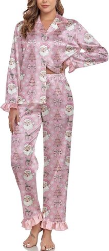 Amiblvowa Women Christmas Pajamas Nutcracker Santa Bow Xmas Tree Cute Satin Christmas Pjs Set 2 Piece Button Down Pajama Set in Saudi Arabia