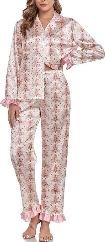Amiblvowa Women Christmas Pajamas Nutcracker Santa Bow Xmas Tree Cute Satin Christmas Pjs Set 2 Piece Button Down Pajama Set in Saudi Arabia