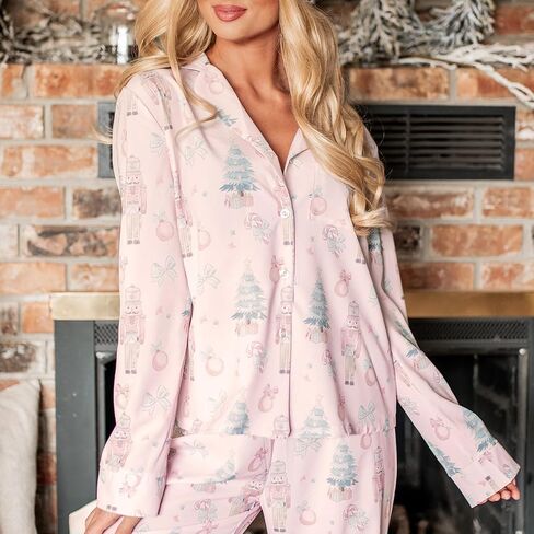 Amiblvowa Women Christmas Pajamas Nutcracker Santa Bow Xmas Tree Cute Satin Christmas Pjs Set 2 Piece Button Down Pajama Set in Saudi Arabia