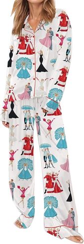 Amiblvowa Women Christmas Pajamas Nutcracker Santa Bow Xmas Tree Cute Satin Christmas Pjs Set 2 Piece Button Down Pajama Set in Saudi Arabia