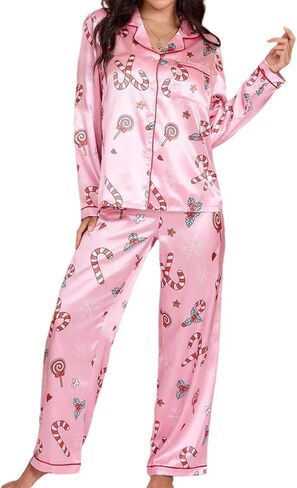 Amiblvowa Women Christmas Pajamas Nutcracker Santa Bow Xmas Tree Cute Satin Christmas Pjs Set 2 Piece Button Down Pajama Set in Saudi Arabia