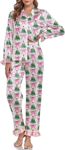 Amiblvowa Women Christmas Pajamas Nutcracker Santa Bow Xmas Tree Cute Satin Christmas Pjs Set 2 Piece Button Down Pajama Set in Saudi Arabia