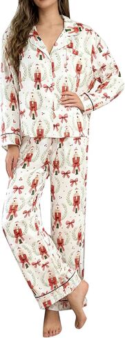 Amiblvowa Women Christmas Pajamas Nutcracker Santa Bow Xmas Tree Cute Satin Christmas Pjs Set 2 Piece Button Down Pajama Set in Saudi Arabia