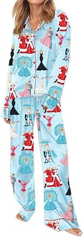 Amiblvowa Women Christmas Pajamas Nutcracker Santa Bow Xmas Tree Cute Satin Christmas Pjs Set 2 Piece Button Down Pajama Set in Saudi Arabia