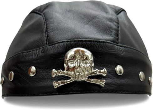 Leather Bandana Cap with Metal Skull Badge – Black Biker Do-Rag/Du-Rag Skull Cap for Men & Women in Saudi Arabia
