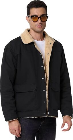 Men's Winter Fleece Lined Jacket Casual Thermal Trucker Coat Lightweight Cotton Cargo Work Jacket with Pockets for Fall in Saudi Arabia