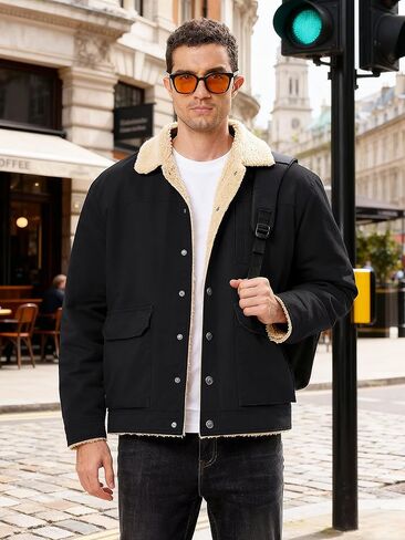Men's Winter Fleece Lined Jacket Casual Thermal Trucker Coat Lightweight Cotton Cargo Work Jacket with Pockets for Fall in Saudi Arabia