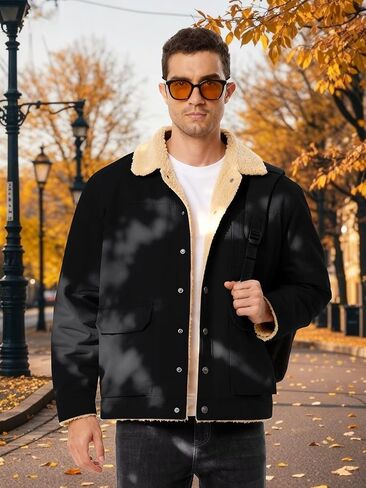 Men's Winter Fleece Lined Jacket Casual Thermal Trucker Coat Lightweight Cotton Cargo Work Jacket with Pockets for Fall in Saudi Arabia