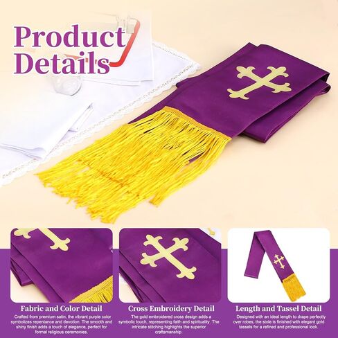 Clergy Stole for Men Church Supplies,Choir Stole with Cross for Wedding Officiant Priest Robe Accessories,Baptism Catholic Church Priest Mass Stoles Accessories,Purple Cloth for Easter Cross in Saudi Arabia