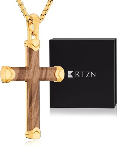 قلادة صليب خشبية من RTZN® للرجال - قلادة متقاطعة مصنوعة يدويًا من خشب الأبنوس الطبيعي/Bubinga للرجال مع سلسلة صندوق من الفولاذ المقاوم للصدأ 3 مم 22 بوصة + 2 بوصة بوصة in Kuwait