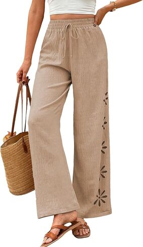 EVALESS Womens Beach Pants Summer Boho Drawstring Elastic Waist Hollow Out Textured Wide Leg Vacation Clothes in Saudi Arabia