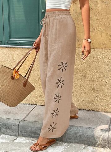 EVALESS Womens Beach Pants Summer Boho Drawstring Elastic Waist Hollow Out Textured Wide Leg Vacation Clothes in Saudi Arabia