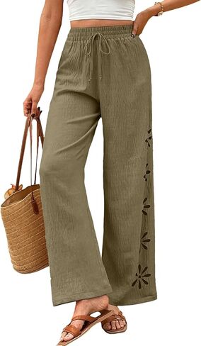 EVALESS Womens Beach Pants Summer Boho Drawstring Elastic Waist Hollow Out Textured Wide Leg Vacation Clothes in Saudi Arabia