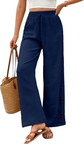 EVALESS Womens Beach Pants Summer Boho Drawstring Elastic Waist Hollow Out Textured Wide Leg Vacation Clothes in Saudi Arabia