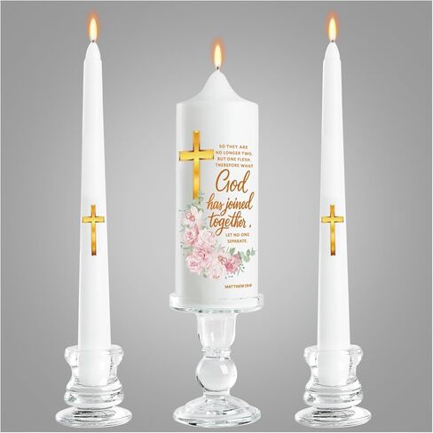 Wedding Candles for Ceremony with Glass Holders, Unity Wedding Candle Set with Matthew 19:6 & Gold Cross, Floral Pillar Candles for Catholic Wedding, Anniversary & Vow Renewal in Saudi Arabia