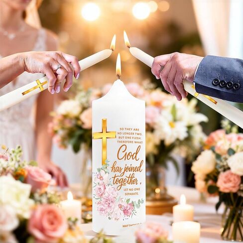 Wedding Candles for Ceremony with Glass Holders, Unity Wedding Candle Set with Matthew 19:6 & Gold Cross, Floral Pillar Candles for Catholic Wedding, Anniversary & Vow Renewal in Saudi Arabia