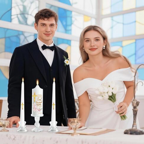 Wedding Candles for Ceremony with Glass Holders, Unity Wedding Candle Set with Matthew 19:6 & Gold Cross, Floral Pillar Candles for Catholic Wedding, Anniversary & Vow Renewal in Saudi Arabia