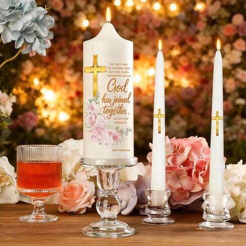 Wedding Candles for Ceremony with Glass Holders, Unity Wedding Candle Set with Matthew 19:6 & Gold Cross, Floral Pillar Candles for Catholic Wedding, Anniversary & Vow Renewal in Saudi Arabia
