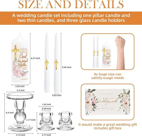 Wedding Candles for Ceremony with Glass Holders, Unity Wedding Candle Set with Matthew 19:6 & Gold Cross, Floral Pillar Candles for Catholic Wedding, Anniversary & Vow Renewal in Saudi Arabia