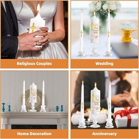 Wedding Candles for Ceremony with Glass Holders, Unity Wedding Candle Set with Matthew 19:6 & Gold Cross, Floral Pillar Candles for Catholic Wedding, Anniversary & Vow Renewal in Saudi Arabia