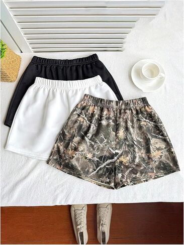 Girl's 3 Packs Elastic Waist Mini Camo Shorts Mid Rise Athletic Shorts in Saudi Arabia