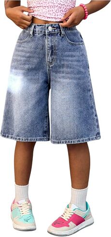 OYOANGLE Girl's Baggy Bermuda Denim Shorts Loose Elastic Waist Wide Leg Jean Shorts in Saudi Arabia