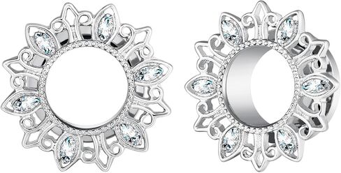 مقاييس أنفاق الأذن، قطعتان من مجموعة الأنفاق المصنوعة من الفولاذ المقاوم للصدأ على شكل زهرة مجوفة مع سدادات نفق زركونيا مكعبة، مقاييس أذن 00 جرام مجوهرات ثقب الأذن in Kuwait