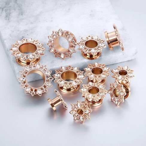Ear Tunnels Gauges, 2PCS Stainless Steel Tunnel Set Hollow Flower with Cubic Zirconia Tunnel Plugs Screw Fit Ear Gauges 00G Ear Piercing Jewelry in Kuwait