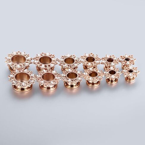 Ear Tunnels Gauges, 2PCS Stainless Steel Tunnel Set Hollow Flower with Cubic Zirconia Tunnel Plugs Screw Fit Ear Gauges 00G Ear Piercing Jewelry in Kuwait
