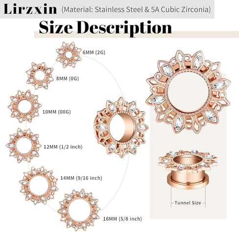 Ear Tunnels Gauges, 2PCS Stainless Steel Tunnel Set Hollow Flower with Cubic Zirconia Tunnel Plugs Screw Fit Ear Gauges 00G Ear Piercing Jewelry in Kuwait