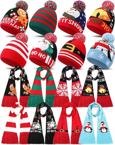 Geyoga 16 Pcs Christmas Knitted Beanie and Scarf Set Unisex Xmas Hat Warm Christmas Tassel Scarf for Adult Women Man Gift in Saudi Arabia