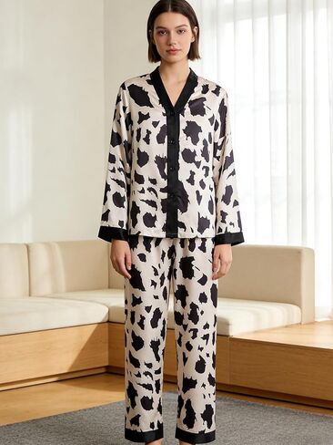 Pajamas for Women set Women's Cow Print Satin Pajama Set Long Sleeve Top and Pants Contrast Trim Loungewear Sleepwear in Saudi Arabia