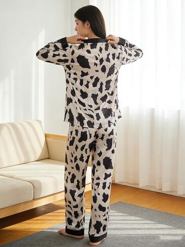Pajamas for Women set Women's Cow Print Satin Pajama Set Long Sleeve Top and Pants Contrast Trim Loungewear Sleepwear in Saudi Arabia
