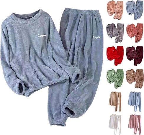 JiXiang Womens Flannel Pajamas Sets Warm Winter Fuzzy Fleece Loungewear Soft Cozy Long Sleeve Tops and Pants 2 Piece Pjs Sets in Saudi Arabia