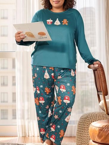 Plus size women pajamas Teal Christmas Print Pajama Set Long Sleeve Top and Pants Festive Loungewear Sleepwear in Saudi Arabia