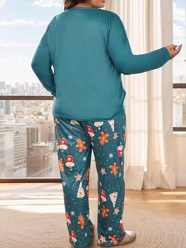 Plus size women pajamas Teal Christmas Print Pajama Set Long Sleeve Top and Pants Festive Loungewear Sleepwear in Saudi Arabia