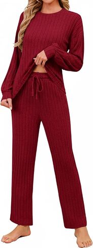 Women 2 Piece Lounge Set Fall Casual Long Sleeve Pajama Set Ribbed Knit Loungewear Comfy Matching Winter Outfit in Saudi Arabia