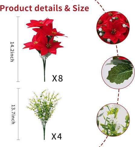 الزهور الاصطناعية للخارجية، زهور البونسيتة الحمراء لعيد الميلاد، 12 حزمة من النباتات المزيفة المختلطة المقاومة للأشعة فوق البنفسجية، زهور صناعية للمزارعين في الهواء الطلق، حديقة الشرفة، الفناء، ديكور المنزل الشتوي in Kuwait