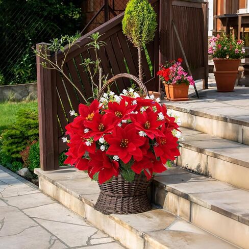 الزهور الاصطناعية للخارجية، زهور البونسيتة الحمراء لعيد الميلاد، 12 حزمة من النباتات المزيفة المختلطة المقاومة للأشعة فوق البنفسجية، زهور صناعية للمزارعين في الهواء الطلق، حديقة الشرفة، الفناء، ديكور المنزل الشتوي in Kuwait