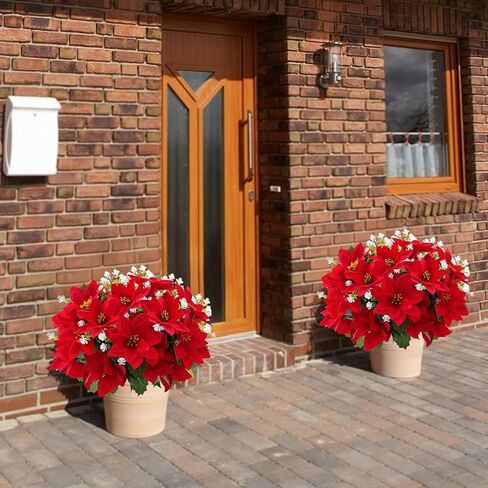 الزهور الاصطناعية للخارجية، زهور البونسيتة الحمراء لعيد الميلاد، 12 حزمة من النباتات المزيفة المختلطة المقاومة للأشعة فوق البنفسجية، زهور صناعية للمزارعين في الهواء الطلق، حديقة الشرفة، الفناء، ديكور المنزل الشتوي in Kuwait